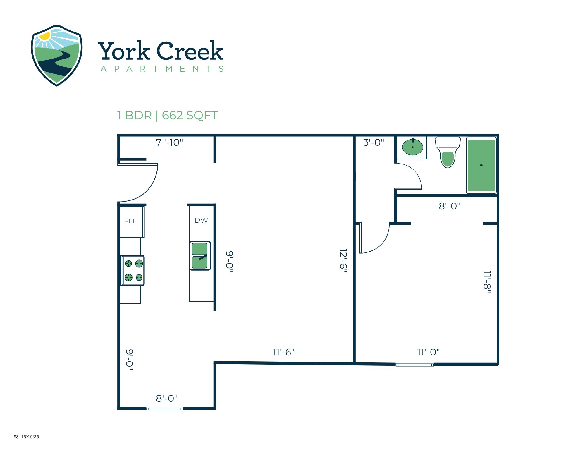 Floor plan for 1 bed, 1 bath, 662 sqft